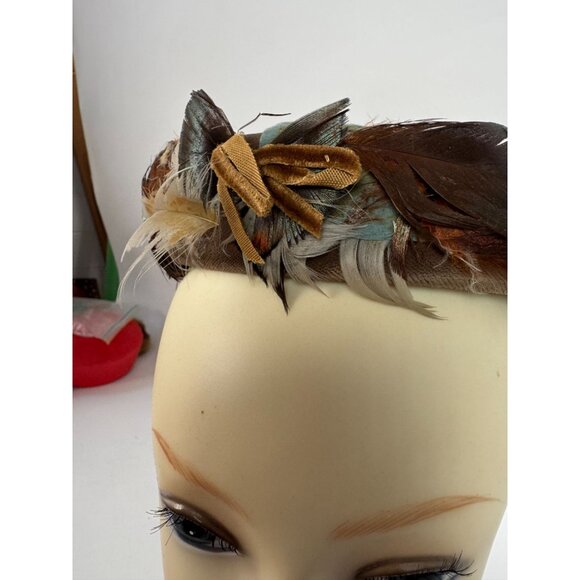 Vintage Feathered Fascinator Hat Brown & Beige Woven Design Womens Accessory Ele - Picture 7 of 14